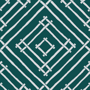a blue and white bamboo trellis fabric called Island House by Madcap Cotttage