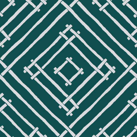 a blue and white bamboo trellis fabric called Island House by Madcap Cotttage