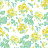 madcap Cottage geranium fabric featuring yellow geraniums with green leaves on a white background.