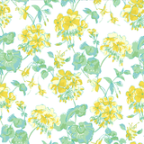 madcap Cottage geranium fabric featuring yellow geraniums with green leaves on a white background.