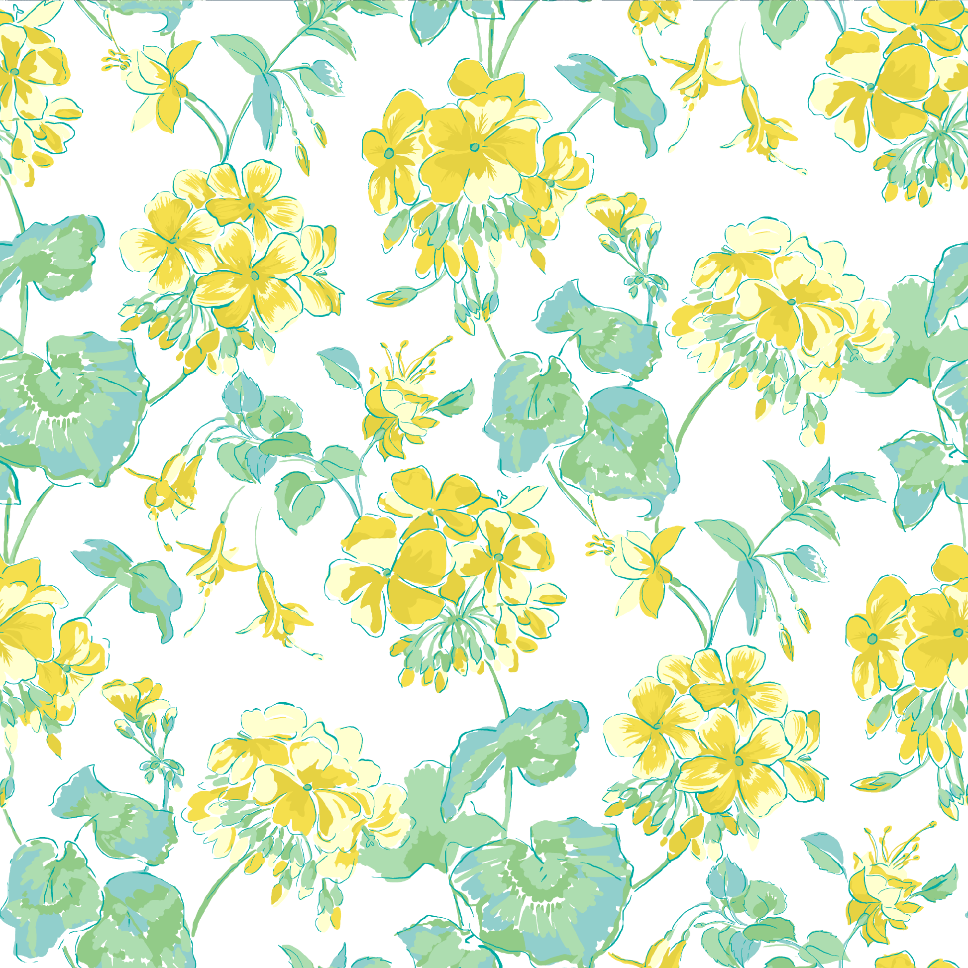 madcap Cottage geranium fabric featuring yellow geraniums with green leaves on a white background.