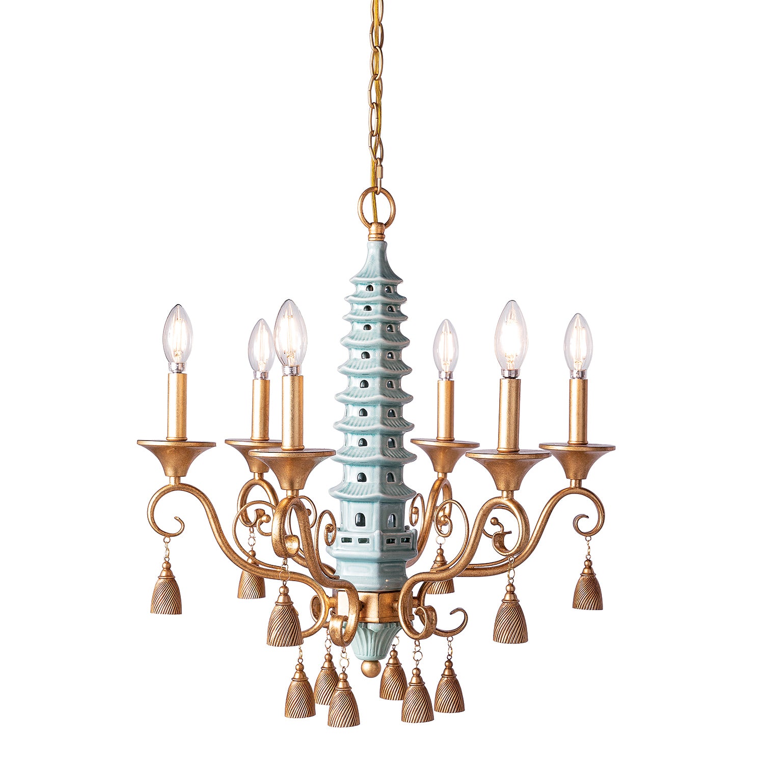 A light blue and gold accented pagoda chandelier