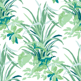 madcap cottage palm fabric featuring green palm leaf motifs on a light blue background. 