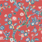 A chinoiserie fabric featuring blue and green cherry blossom motifs on a red background
