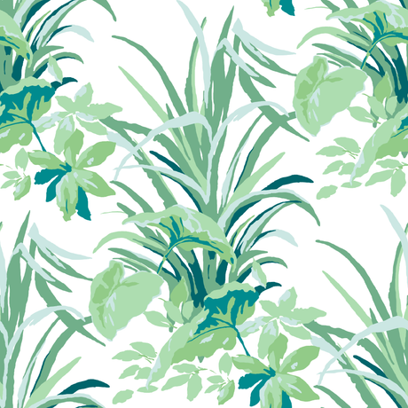 madcap cottage palm fabric featuring green palm leaf motifs on a light blue background. 