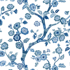 A blue and white chinoiserie fabric featuring blue cherry blossom motifs. 
