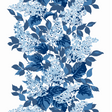 a blue and white wallpaper featuring a leafy hydrangea motif. 