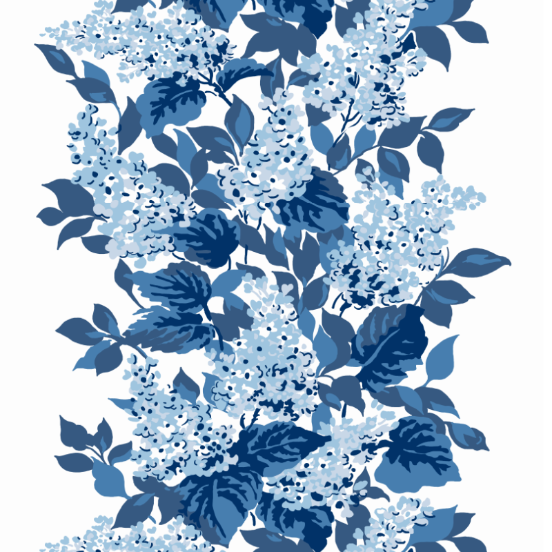 a blue and white wallpaper featuring a leafy hydrangea motif. 