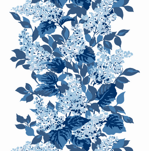 a blue and white wallpaper featuring a leafy hydrangea motif. 