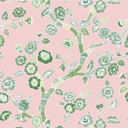 A chinoiserie fabric in pink featuring green cherry blossom motifs. 