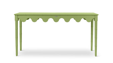 A green console table with scalloped edges