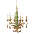 A porcelain green pagoda chandelier with gold accents and tassels