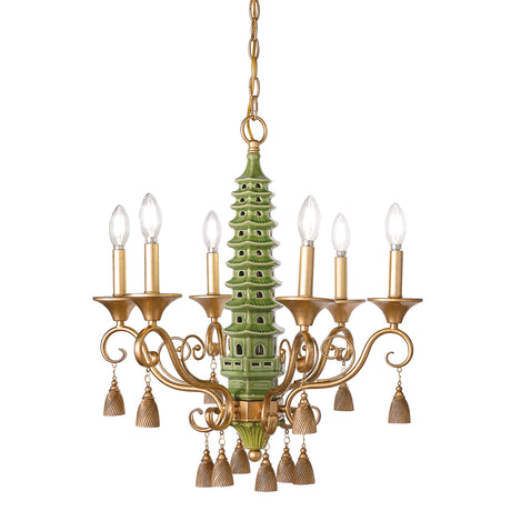 A porcelain green pagoda chandelier with gold accents and tassels
