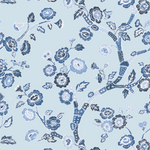Blue and white chinoiserie wallpaper sample featuring blue cherry blossom motifs on a light blue background.