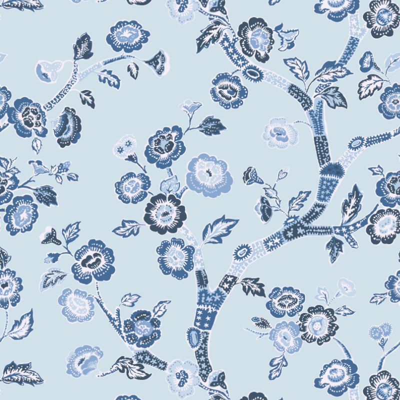 Blue and white chinoiserie wallpaper sample featuring blue cherry blossom motifs on a light blue background.