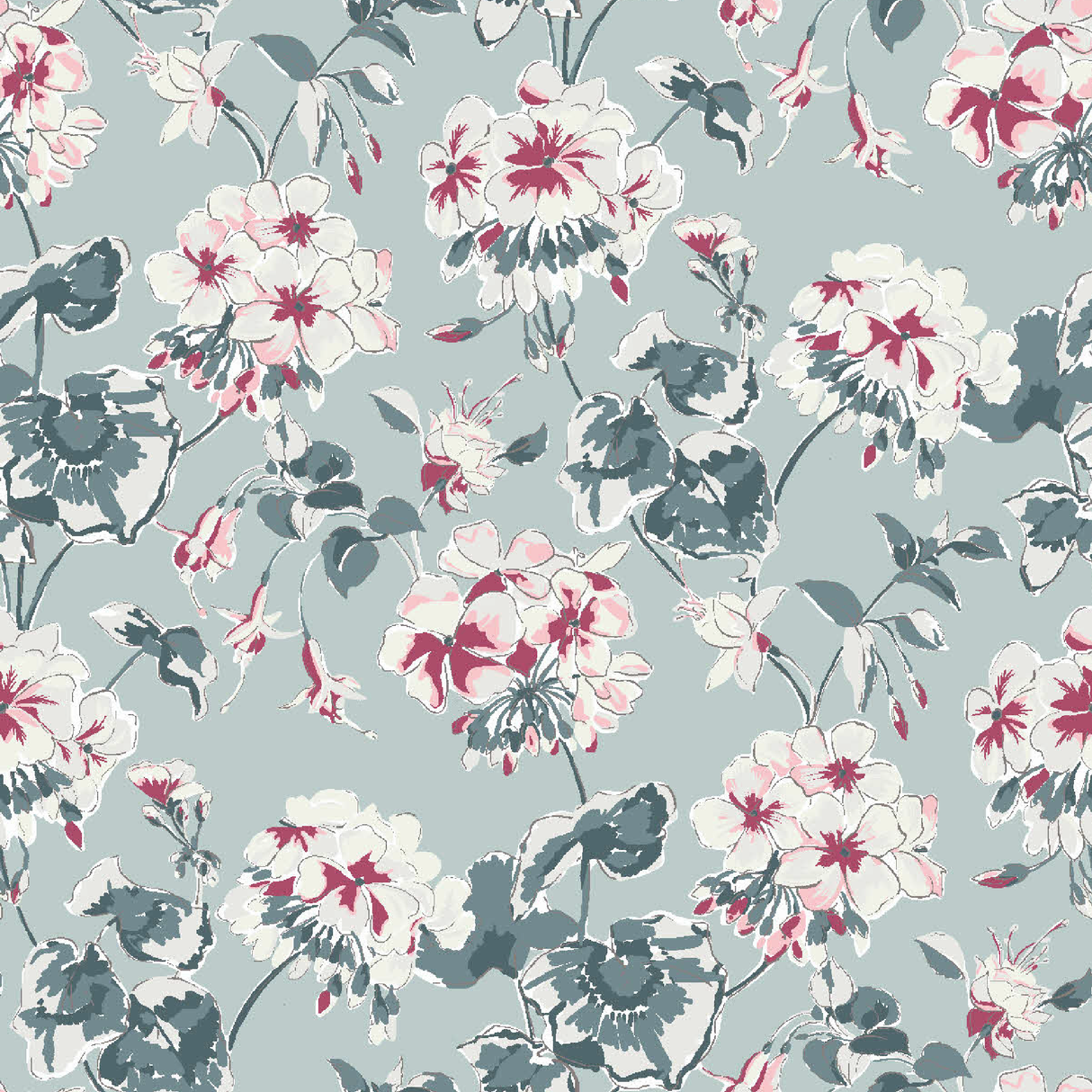 madcap Cottage geranium fabric featuring maroon and white geraniums with green leaves on a light blue background. 