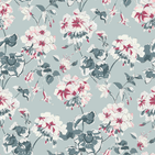 madcap Cottage geranium fabric featuring maroon and white geraniums with green leaves on a light blue background. 