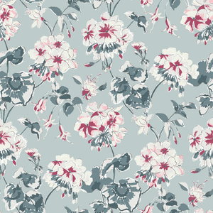 madcap Cottage geranium fabric featuring maroon and white geraniums with green leaves on a light blue background. 