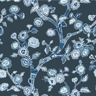 A blue and white chinoiserie fabric featuring blue cherry blossom motifs on a navy background. 