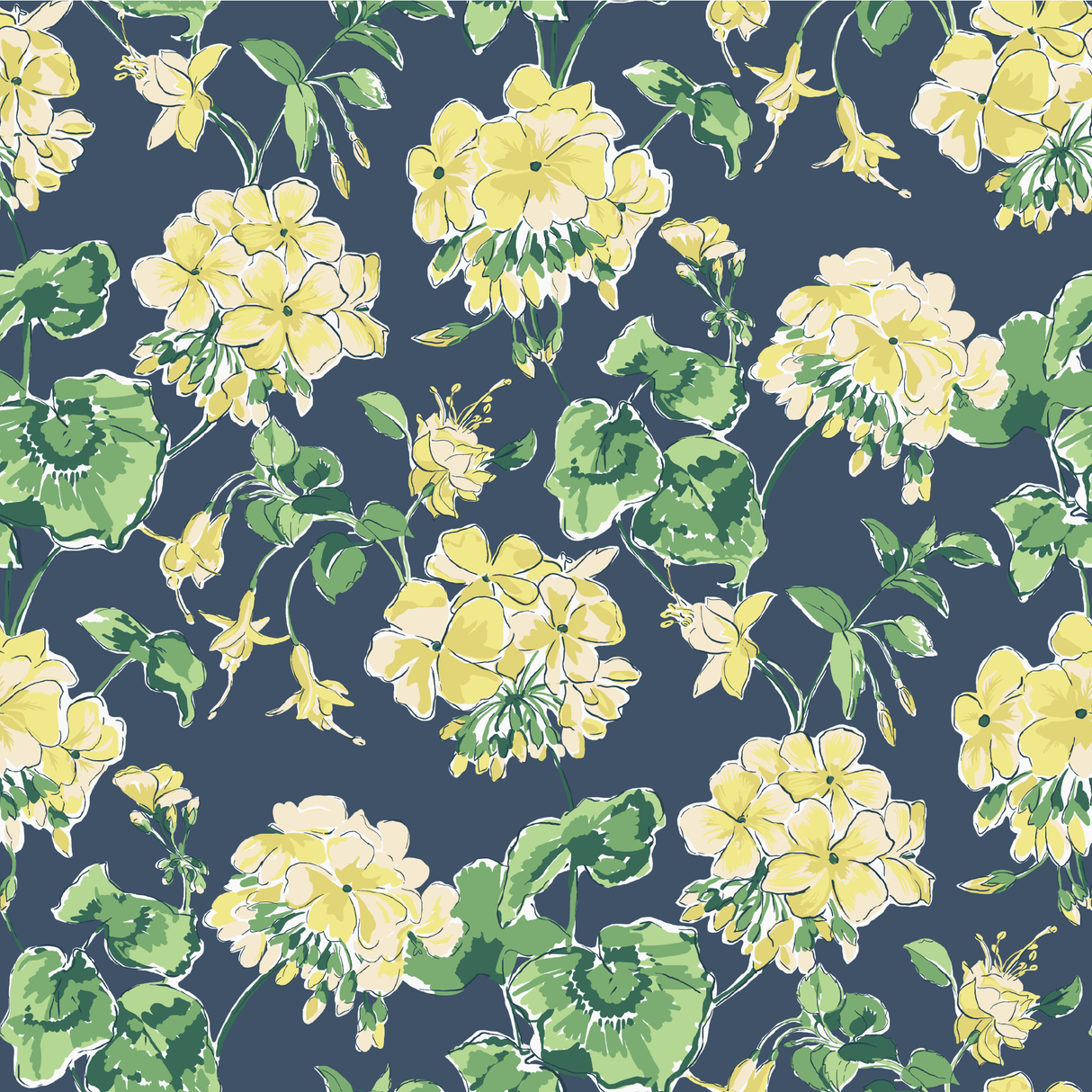 madcap Cottage geranium fabric featuring yellow geraniums with green leaves on a navy blue background. 