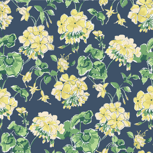 madcap Cottage geranium fabric featuring yellow geraniums with green leaves on a navy blue background. 