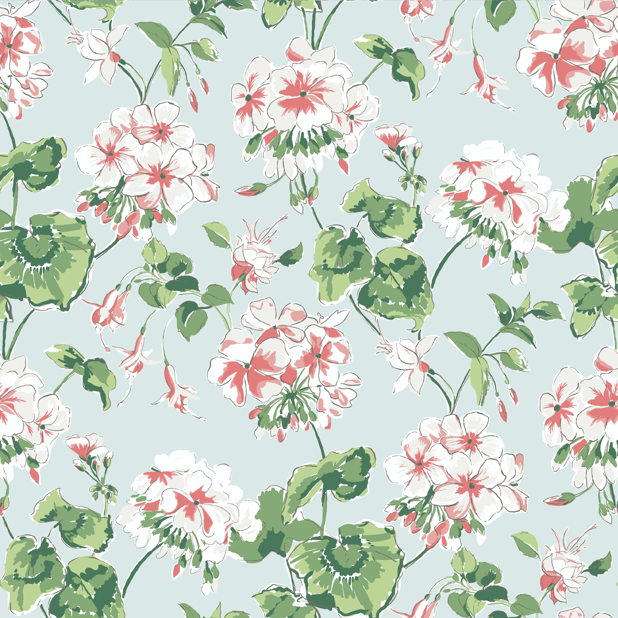 madcap Cottage geranium fabric featuring pink geraniums with green leaves on a light blue background. 