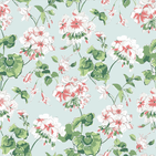 madcap Cottage geranium fabric featuring pink geraniums with green leaves on a light blue background. 