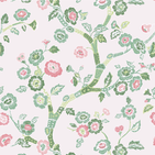A pink and green chinoiserie fabric featuring pink and green cherry blossom motifs. 
