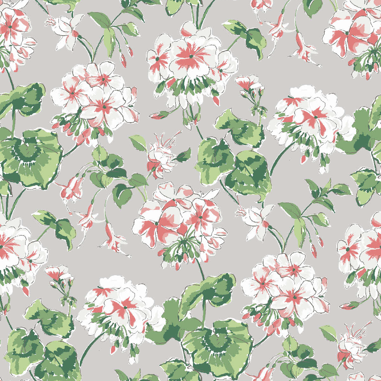 madcap Cottage geranium fabric featuring pink and white geraniums with green leaves on a grey background. 