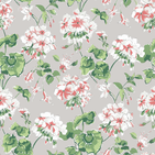 madcap Cottage geranium fabric featuring pink and white geraniums with green leaves on a grey background. 