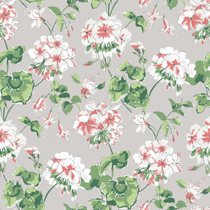 madcap Cottage geranium fabric featuring pink and white geraniums with green leaves on a grey background. 