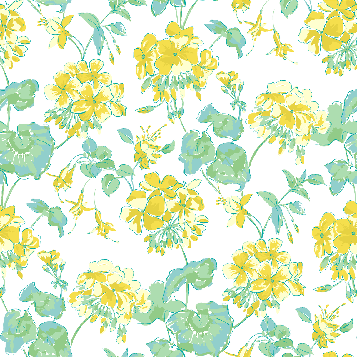 madcap Cottage geranium fabric featuring yellow geraniums with green leaves on a white background. 