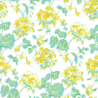 madcap Cottage geranium fabric featuring yellow geraniums with green leaves on a white background. 