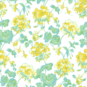 madcap Cottage geranium fabric featuring yellow geraniums with green leaves on a white background. 