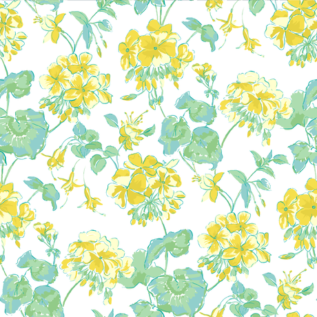 madcap Cottage geranium fabric featuring yellow geraniums with green leaves on a white background. 
