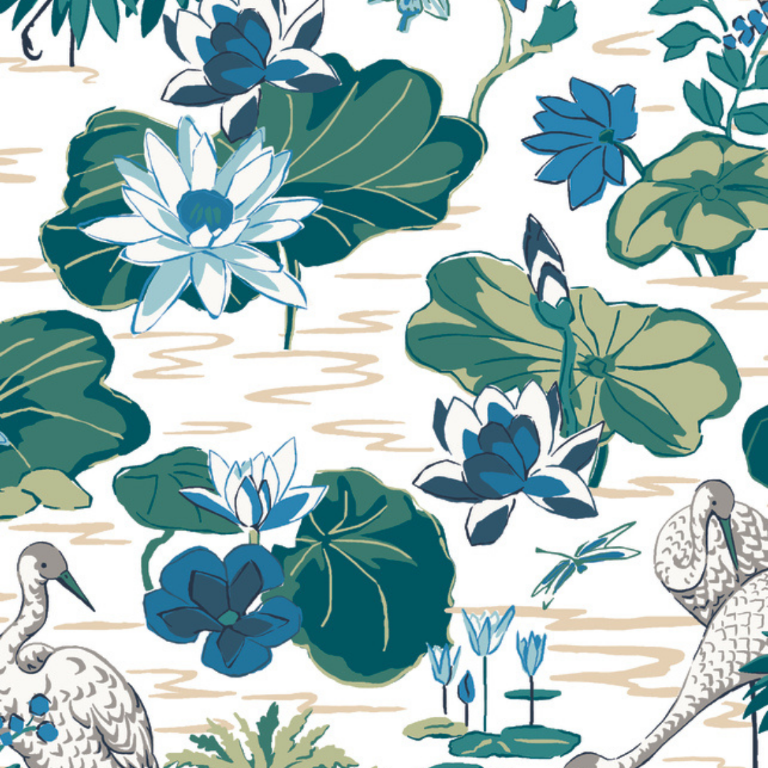 green and blue pre pasted wallpaper featuring lily pad and heron motifs.