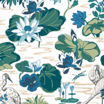 green and blue pre pasted wallpaper featuring lily pad and heron motifs.
