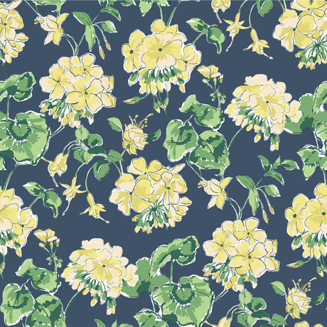 madcap Cottage geranium fabric featuring yellow geraniums with green leaves on a navy blue background. 