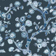 Blue and white chinoiserie wallpaper sample featuring blue cherry blossom motifs on a navy blue background. 