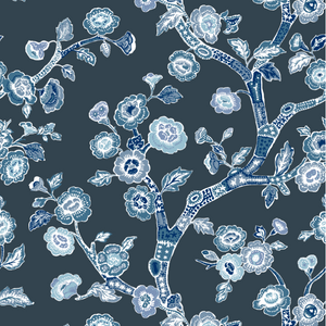 Blue and white chinoiserie wallpaper sample featuring blue cherry blossom motifs on a navy blue background. 