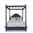 a four poster navy blue canopy bed with floral bedding 