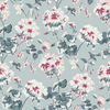 madcap Cottage geranium fabric featuring maroon and white geraniums with green leaves on a light blue background.