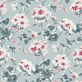 madcap Cottage geranium fabric featuring maroon and white geraniums with green leaves on a light blue background.