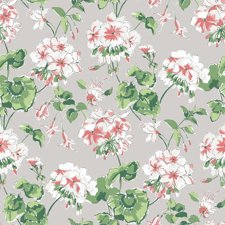 madcap Cottage geranium fabric featuring pink and white geraniums with green leaves on a grey background.