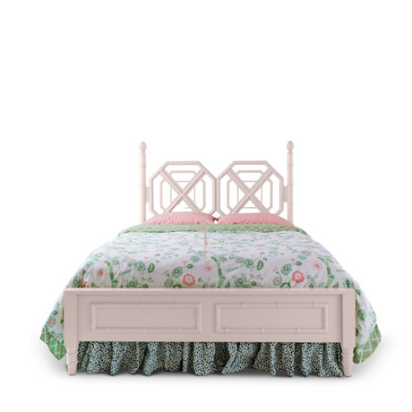 A pink faux bamboo bed with chinoiserie bedding from madcap cottage