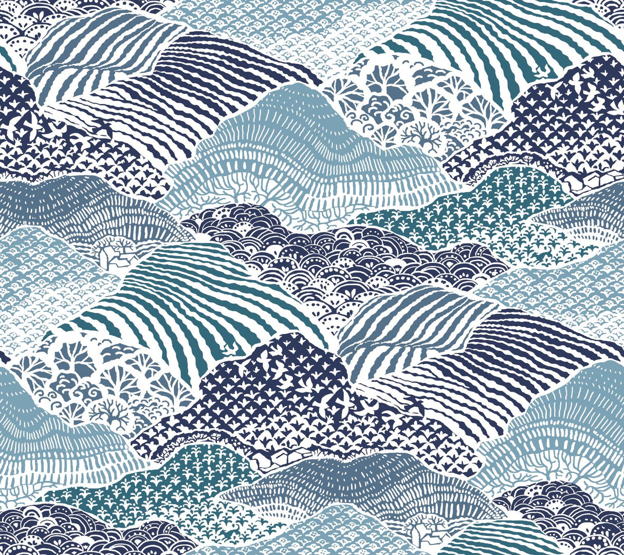 a close up of blue removable wallpaper in a block print motif