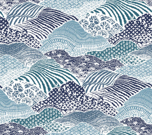 a close up of blue removable wallpaper in a block print motif
