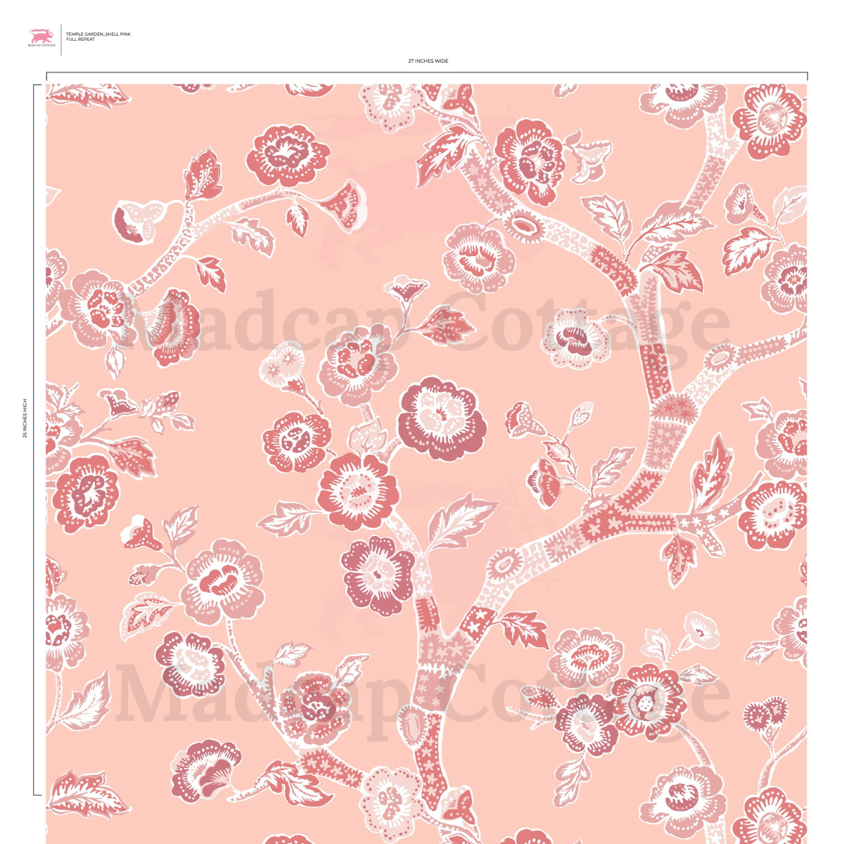 pink and white chinoiserie wallpaper sample featuring pink cherry blossom motifs on a pink background.