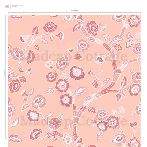 pink and white chinoiserie wallpaper sample featuring pink cherry blossom motifs on a pink background. 