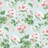 madcap Cottage geranium fabric featuring pink geraniums with green leaves on a light blue background.
